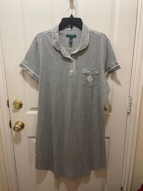 SZ XL NWT! Ralph Lauren Heather Gray Polo Night Gown with White Trim